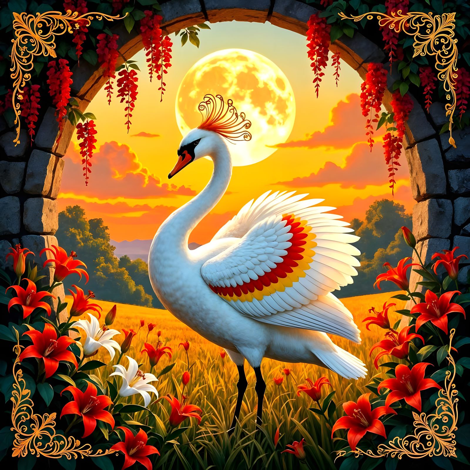 Hybrid Swan-Heron Bird in Tiger Lily Field