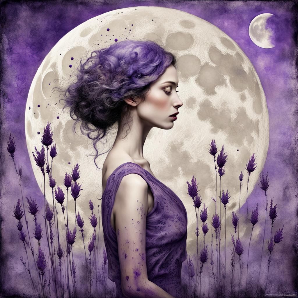 Magical Lavender Moon Portrait in Ink Splash Art