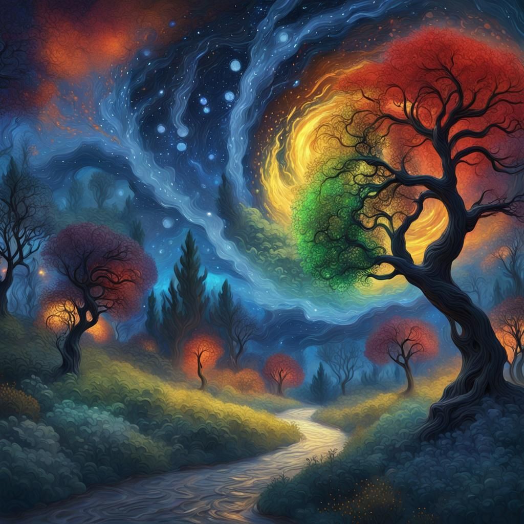 Starlit Trees in Vivid Impasto Oil Paint