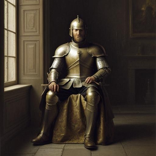 Weary Knight on Throne: An Impressionist Oil Painting