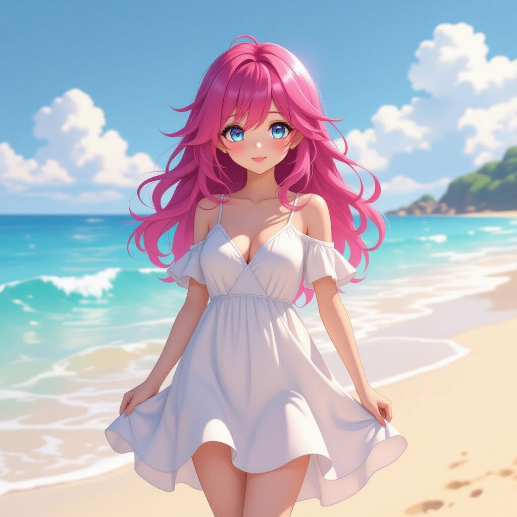 Anime Girl on Sunny Beach in 3D Art Style