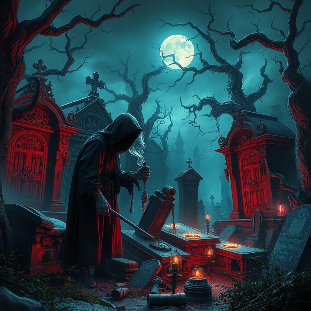 Mystical Grave Robber in Moonlit Graveyard