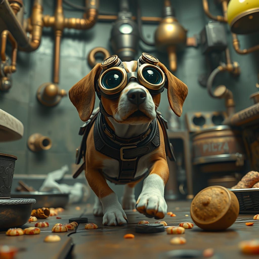 Steampunk Beagle Chasing Food in Cluttered Kitchen