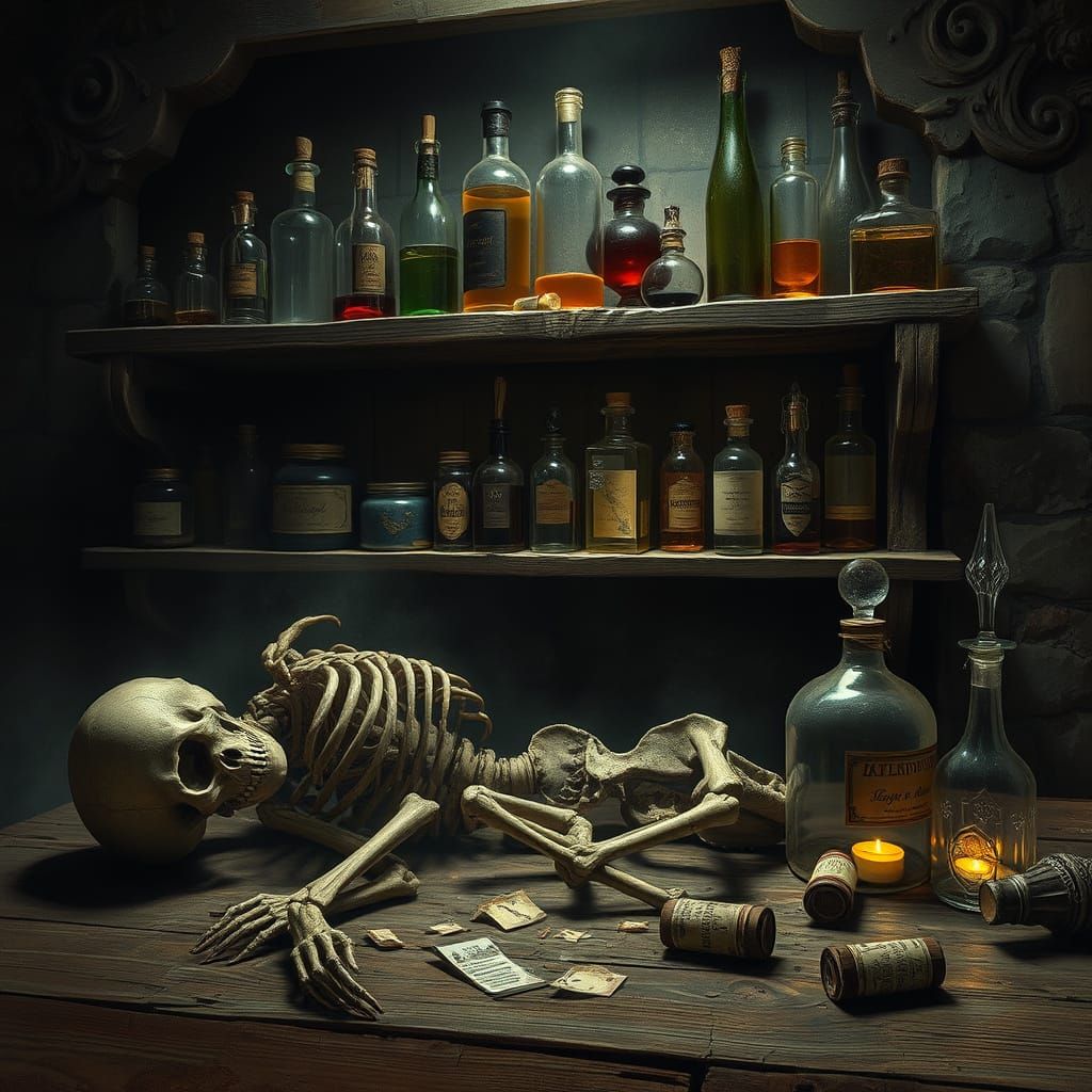 Enchanted Apothecary Chamber with Glowing Potion Bottles