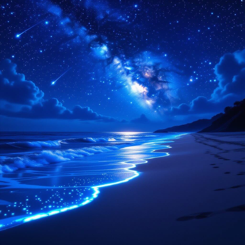 Spectacular Bioluminescent Beach Under Starry Night Sky