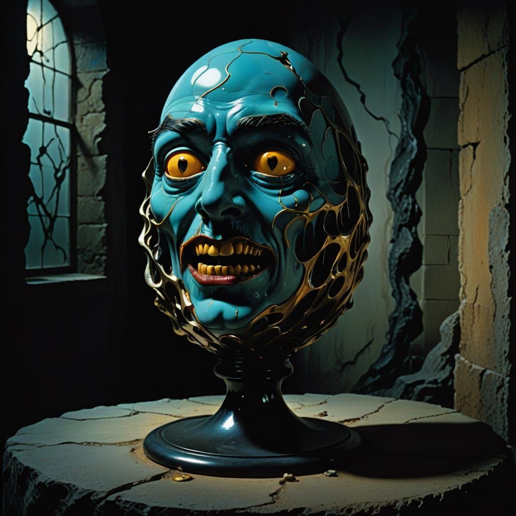 Surreal Egg in a Dimly Lit Chamber