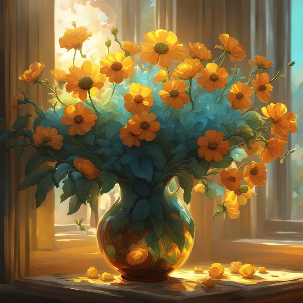 Yellow Flowers with Caterpillar in Art Nouveau Style