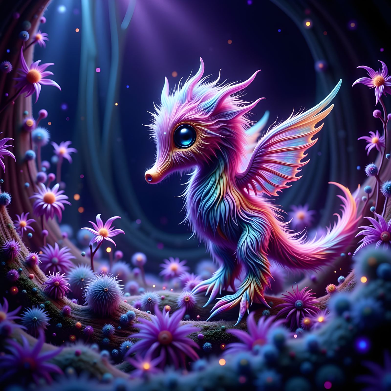 Glowing, Iridescent Seahorse in Otherworldly Crystal Cave