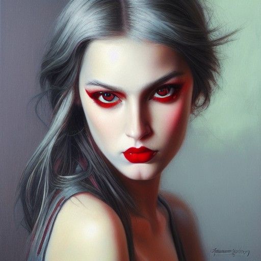 Silver-Haired Beauty with Red Eyes, as Oil Painting