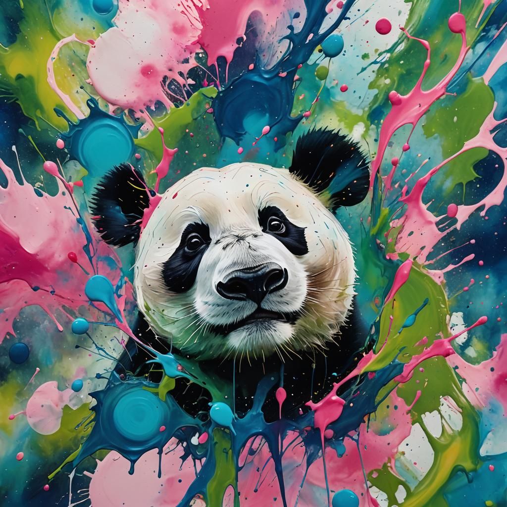 Abstract Panda Face in Iridescent Ink Splatter