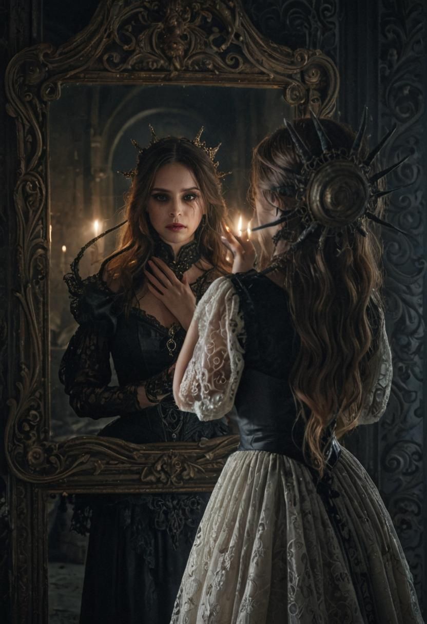 Victorian Girl's Vampire Reflection in Gothic Horror Art