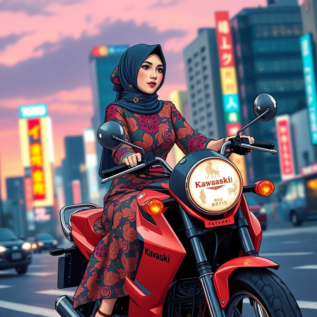 Javanese Woman Rides Motorbike in Anime Cityscape