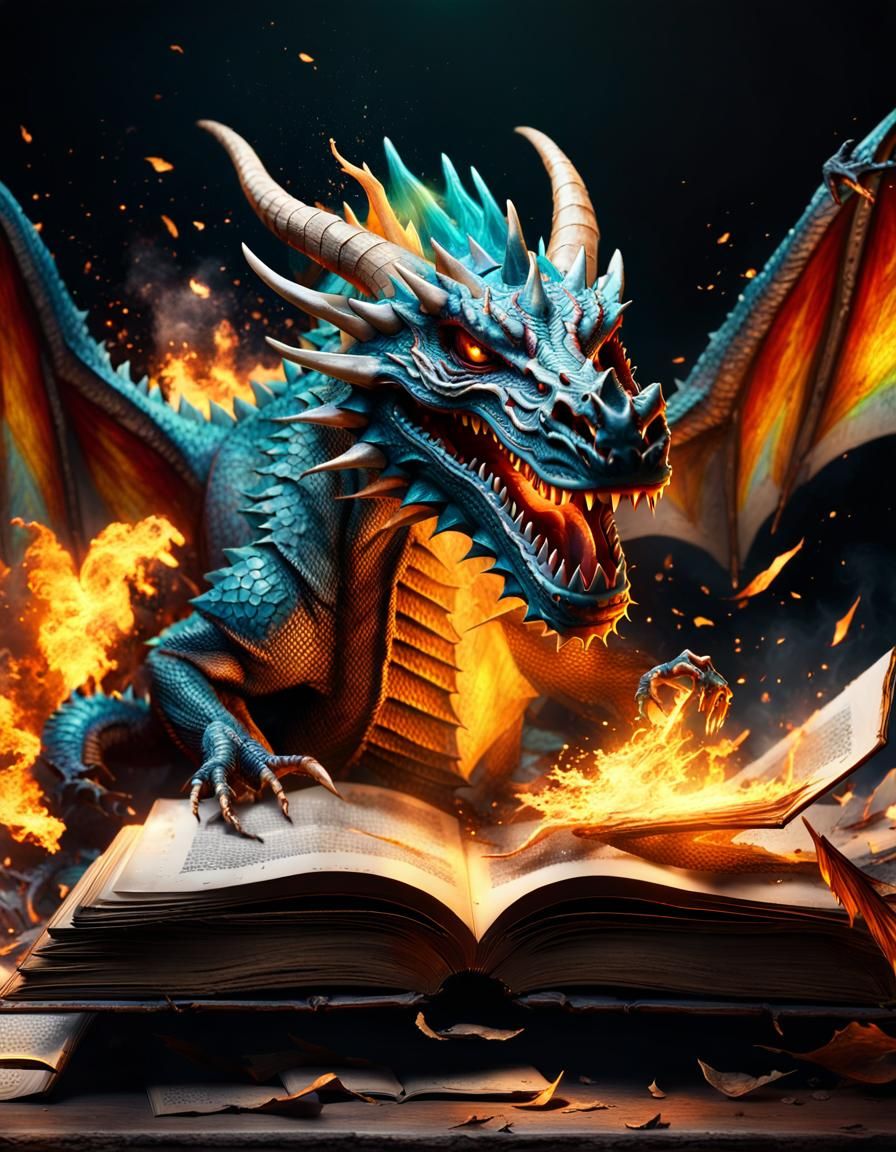 Magical Dragon Emerges from Book, Hyperrealistic Art