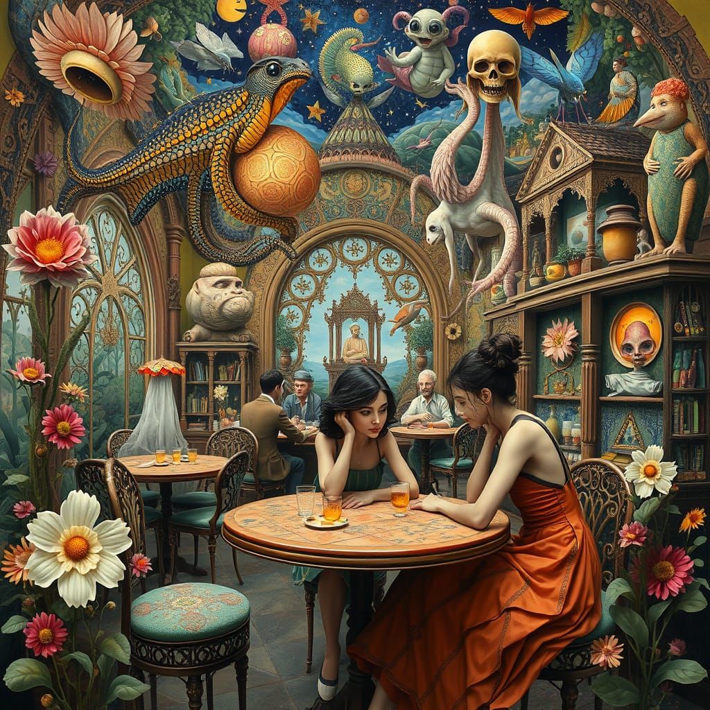 Surreal Cafe Scene with Figures in Multiple Time Periods