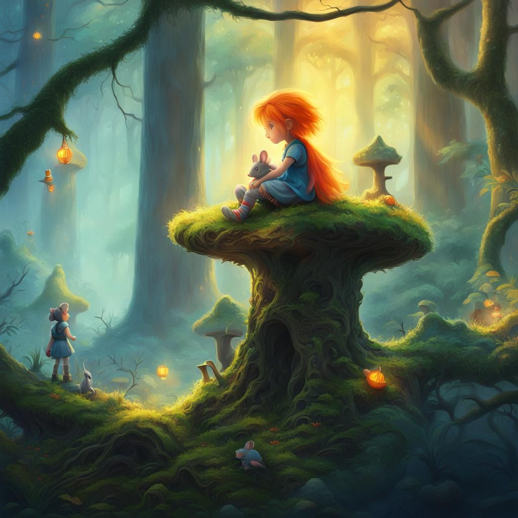 Girl with Mouse Friend in Misty Forest