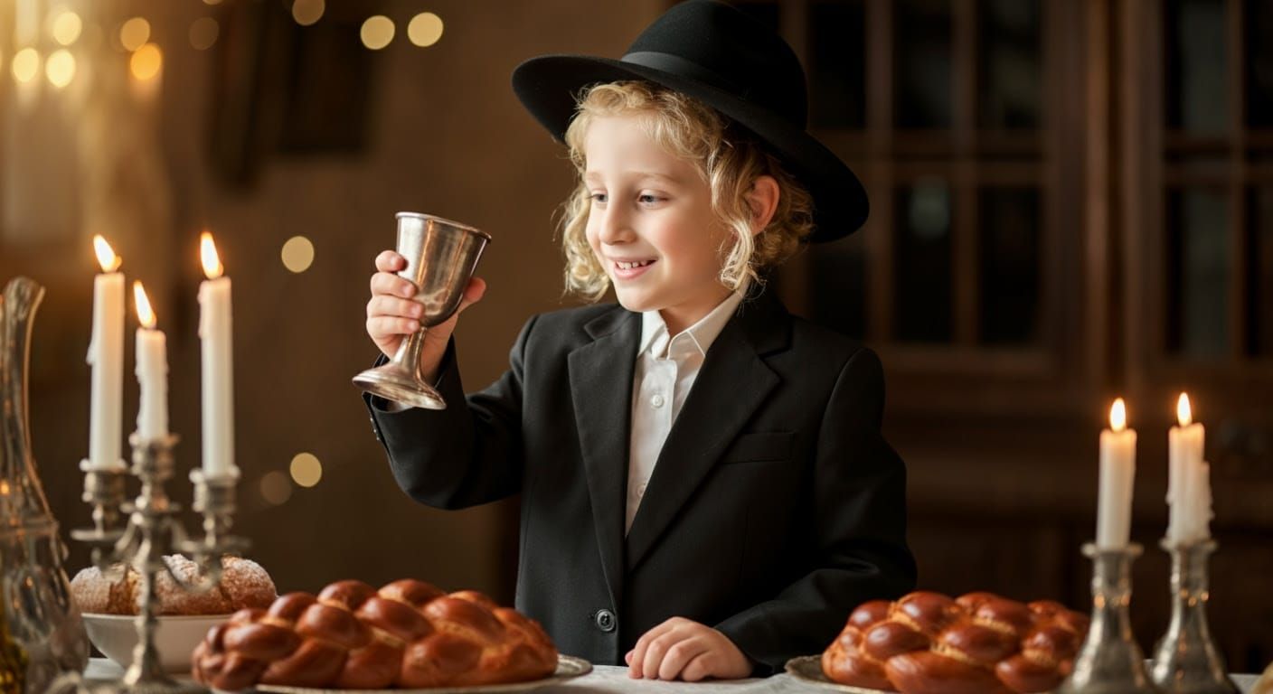 A Young Hasidic Boy Recites Kiddush on Shabbat