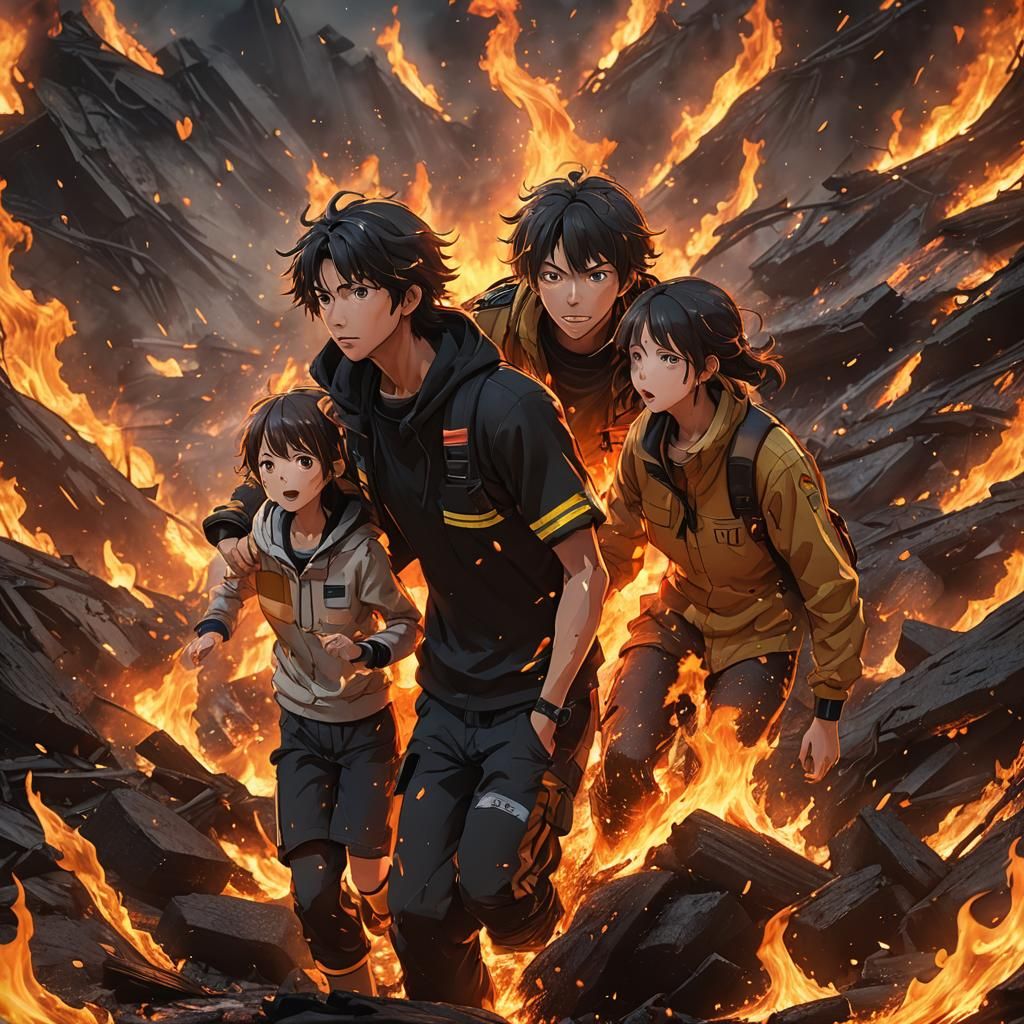 Family Trapped in Fiery Tsunami: Anime Style