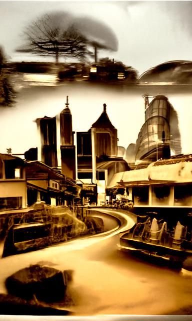 Futuristic Town Motorbike Long Exposure in Sepia