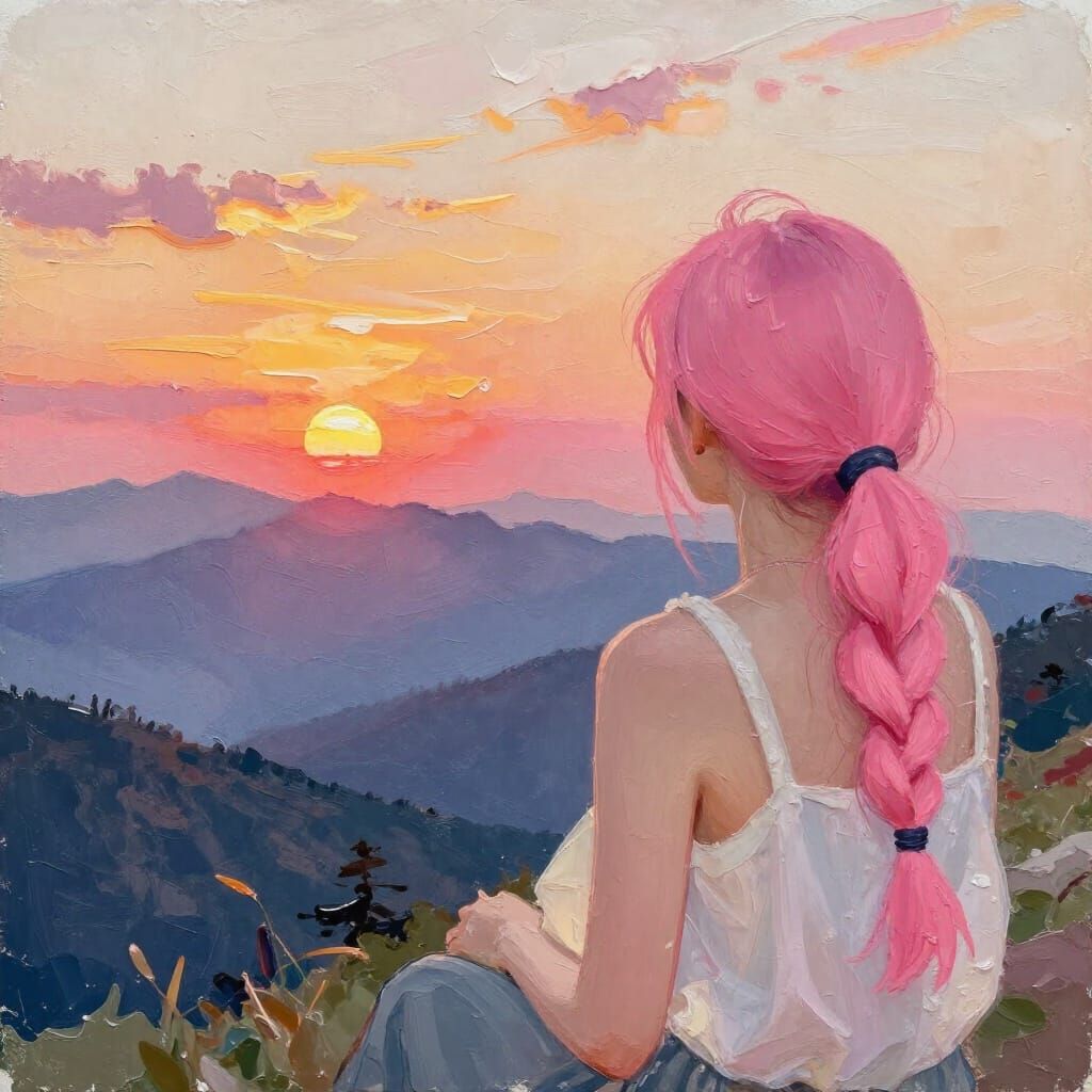 Pink Haired Woman Watches Sunset on Mountain in Gouache Styl...