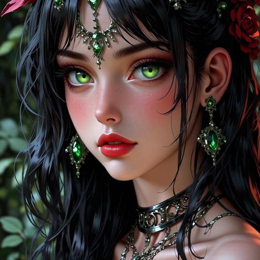 Ethereal Woman with Gothic Makeup and Red Lipstick