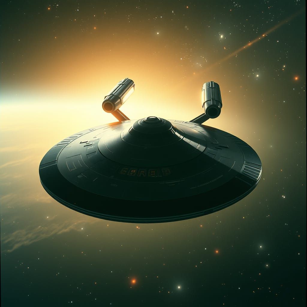 Starship Soaring Through Space with Warp Drive