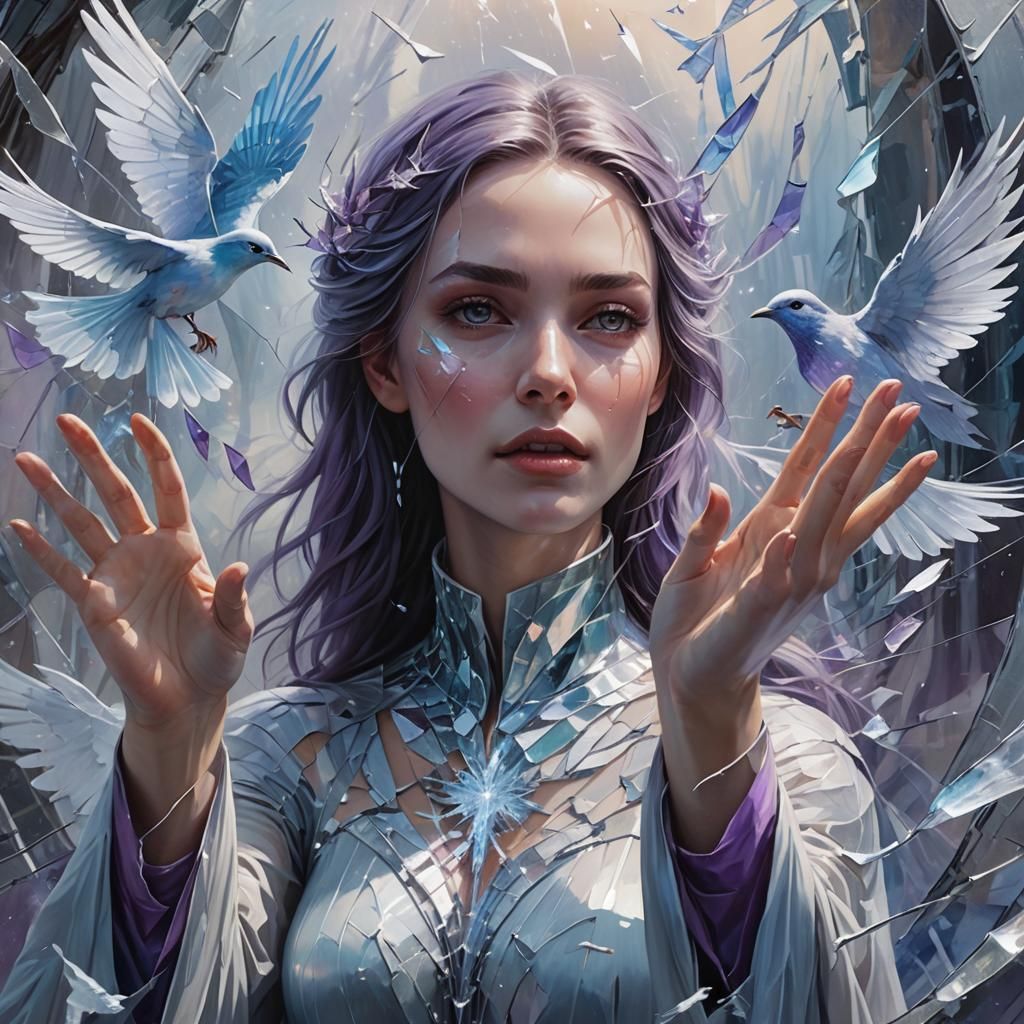 Woman in Shattered Mirror with Wings, Digital Painting