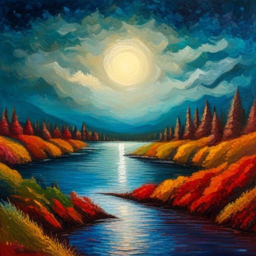 Autumn Moonlit Path in Expressionist Impasto Style