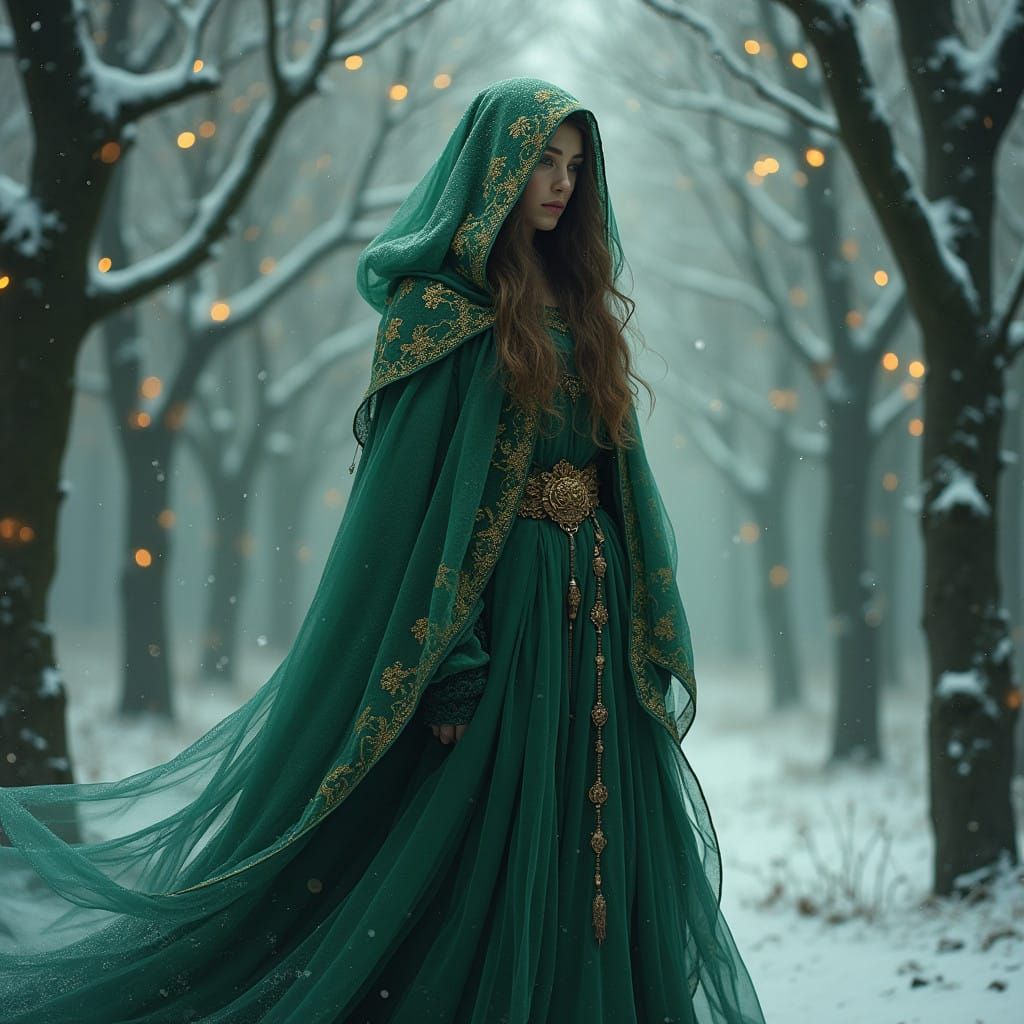 Witch in Emerald Cloak Amidst Winter Wonderland