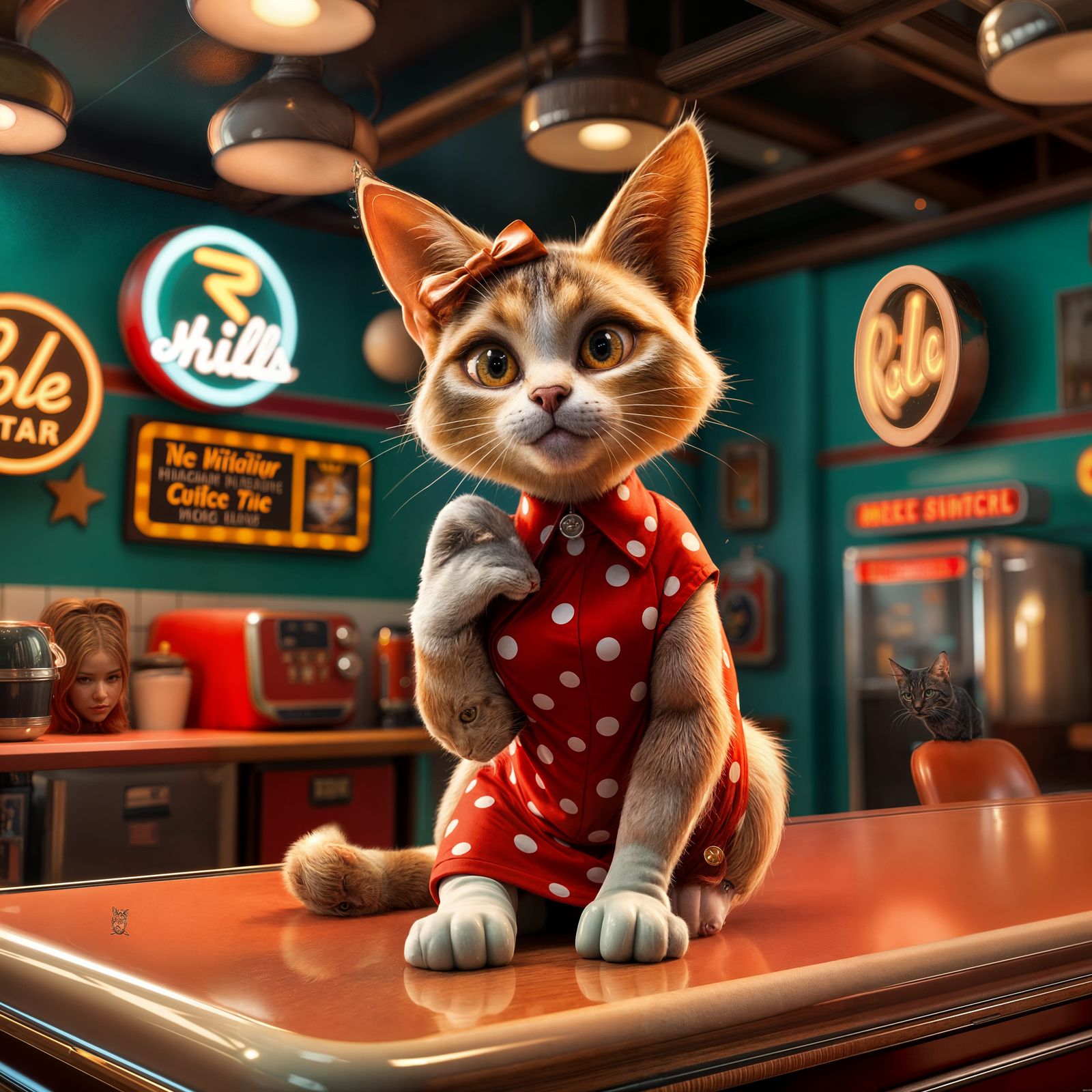 Hyper-Realistic Pin-Up Kitty in Retro 50s Diner