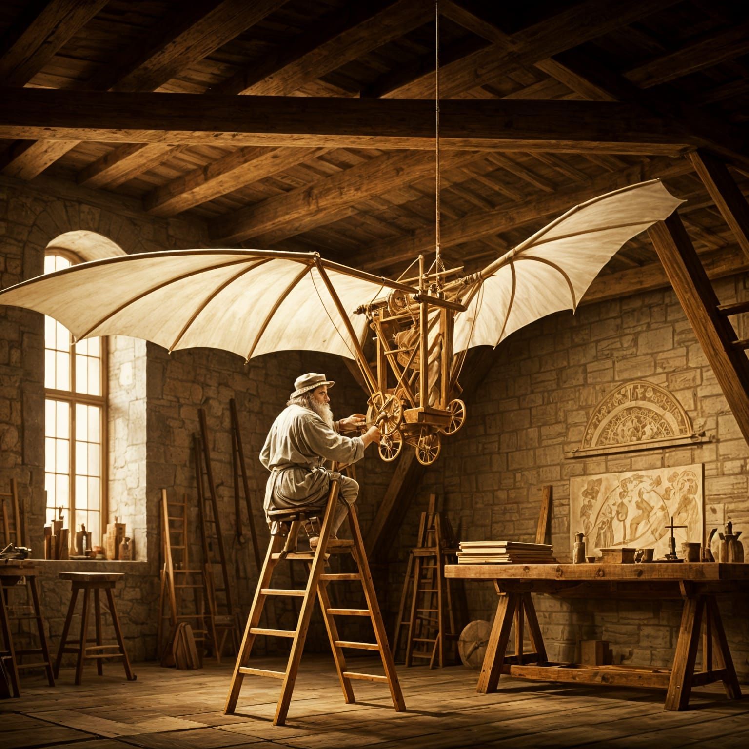 Renaissance Master Tinkers with Wooden Flying Machine