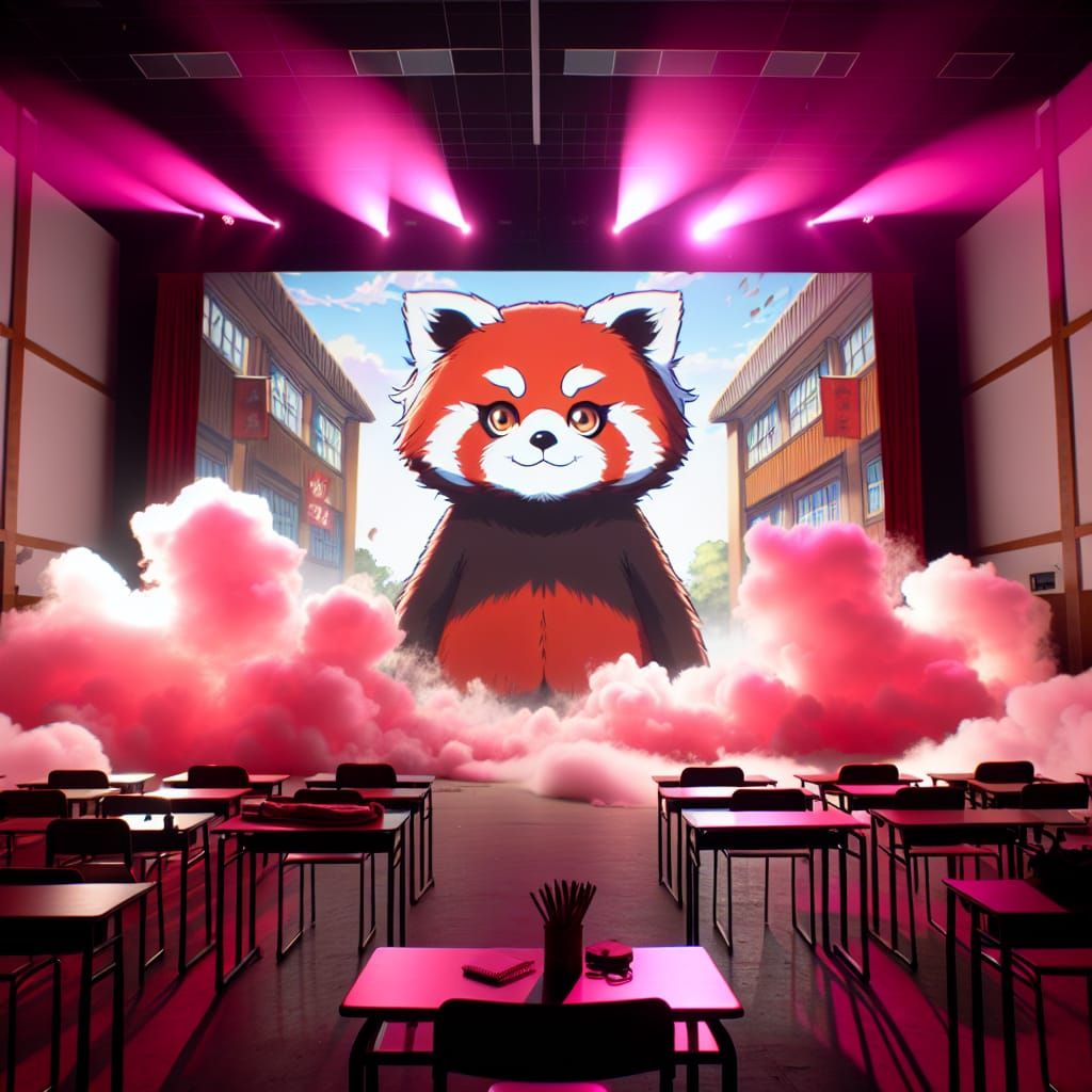 Anime Style Giant Red Panda in Smoky Schoolroom