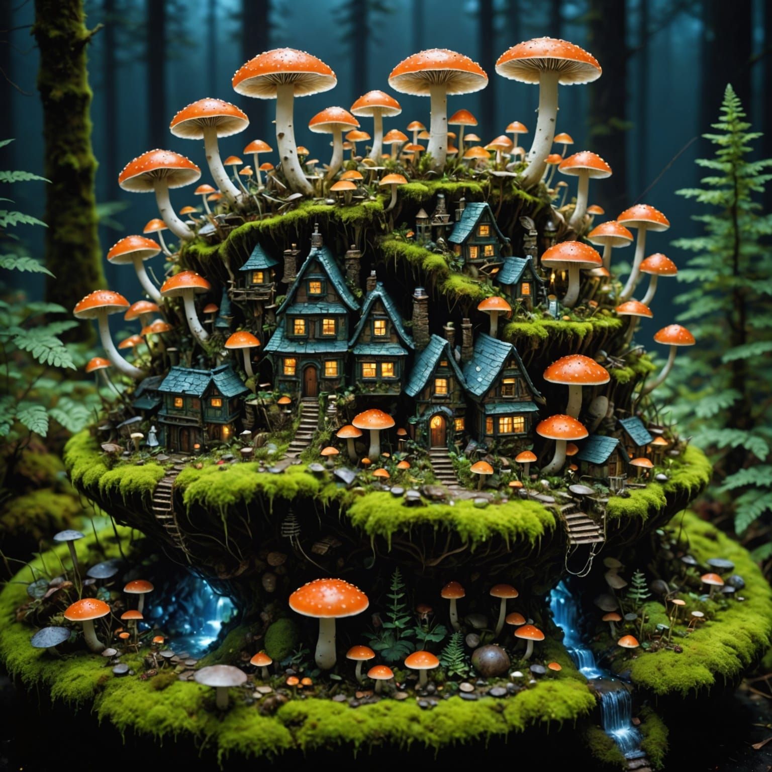 Bustling Microscopic City on Mushroom, Hyperreal Synthetism