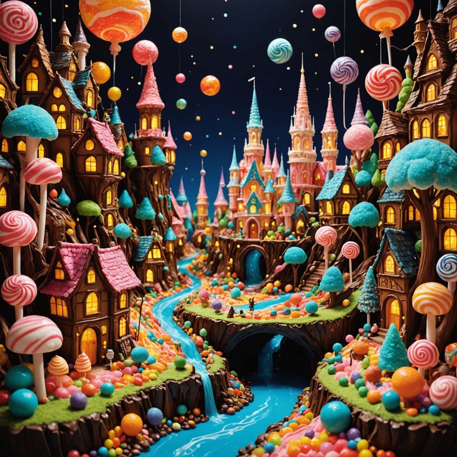 Fantastical Candy World Cityscape with Chocolate River