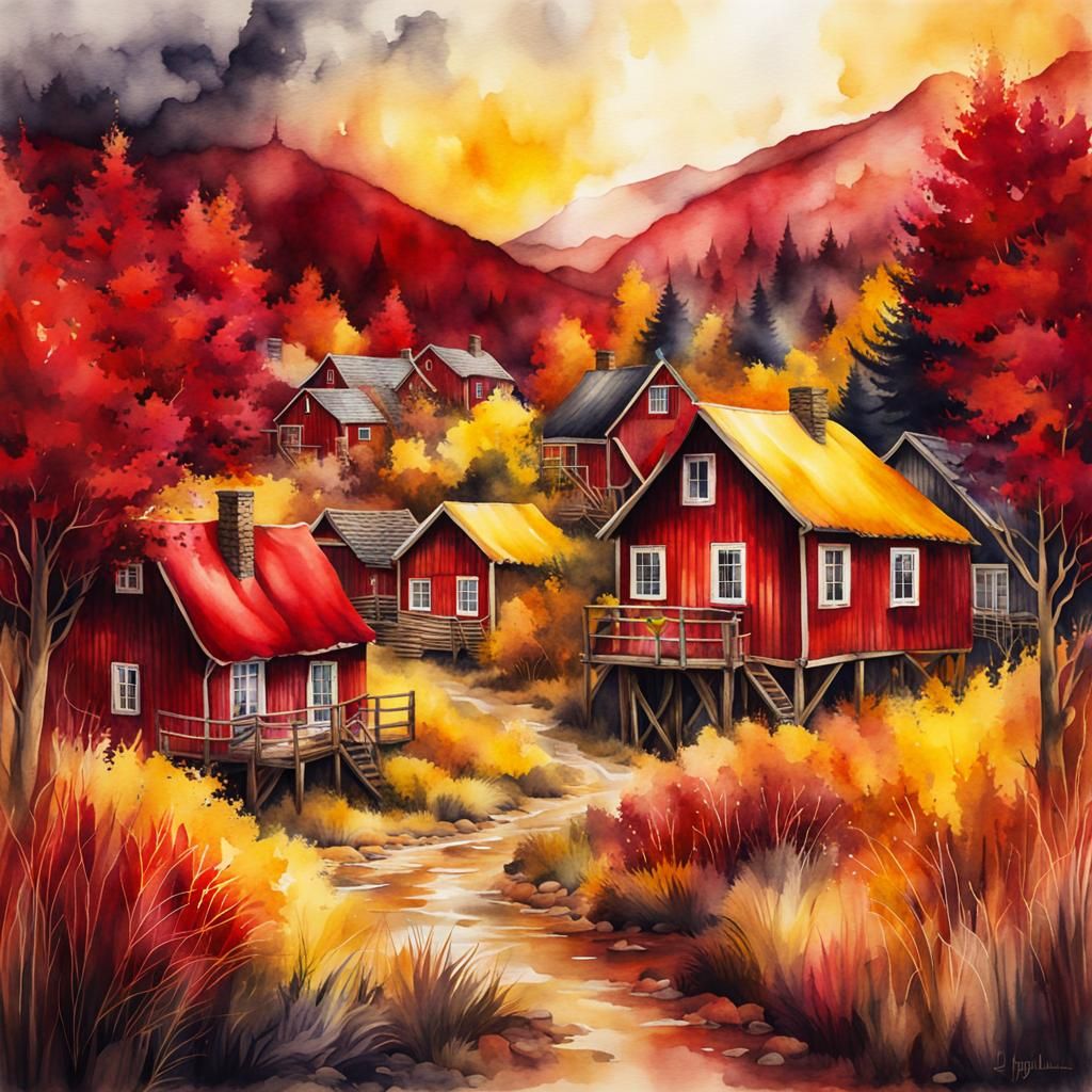 Wilderness Village in Hyperrealistic Watercolour Illustratio...