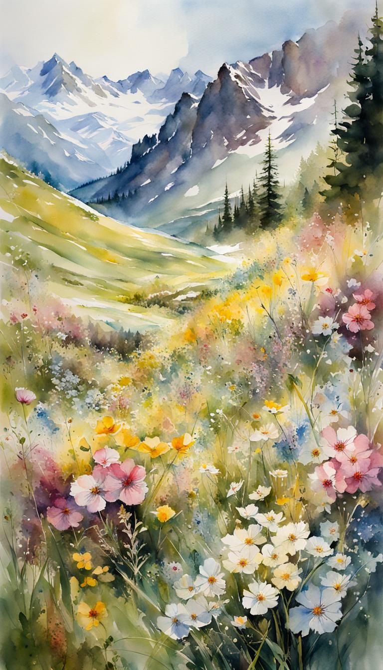 Alpine Valley Spring Flowers in Watercolor Style