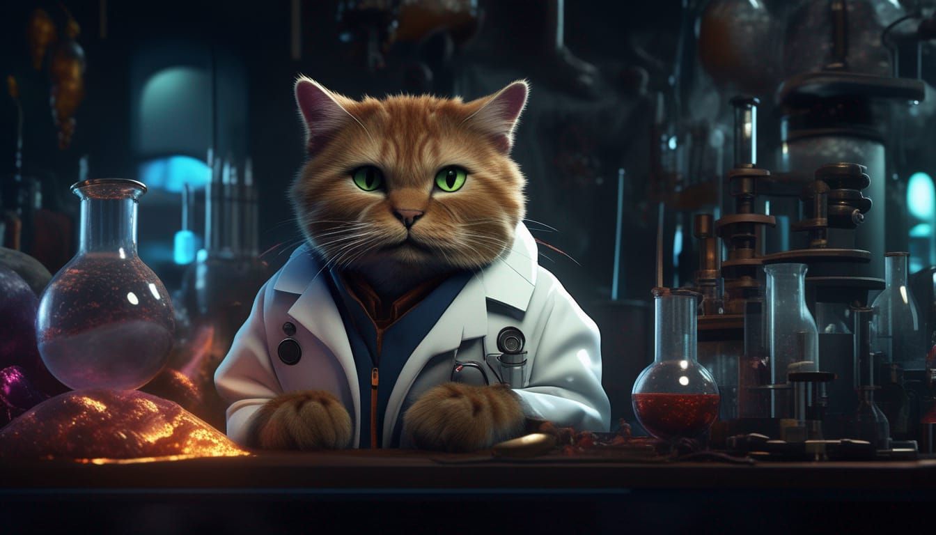Cat Scientist in Lab Coat: Detailed Matte Painting