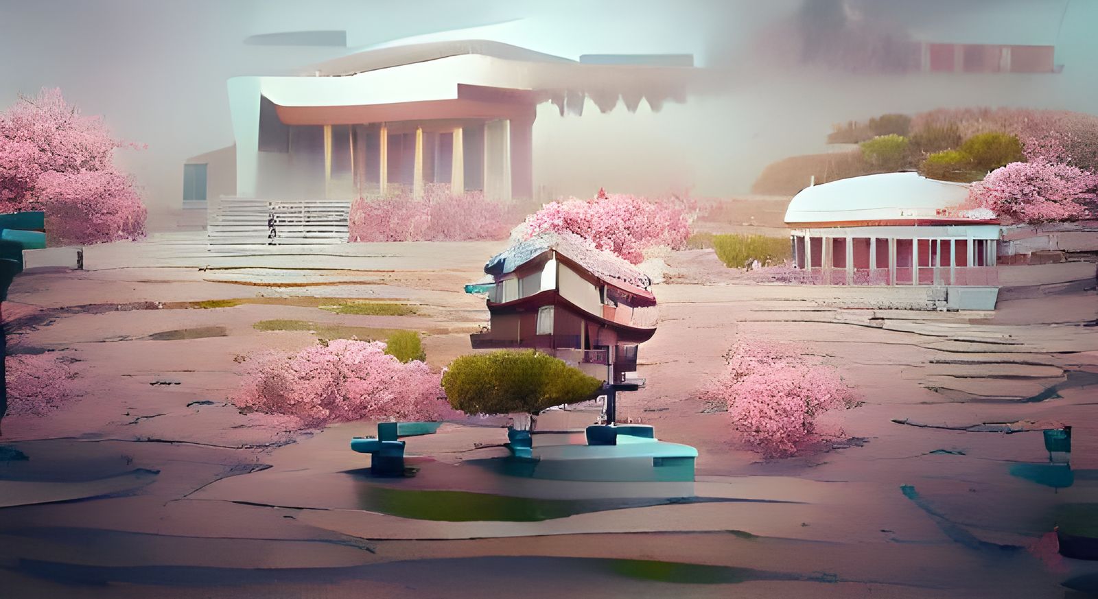 Japanese Palace Cherry Blossom Zen Garden in Baroque Style