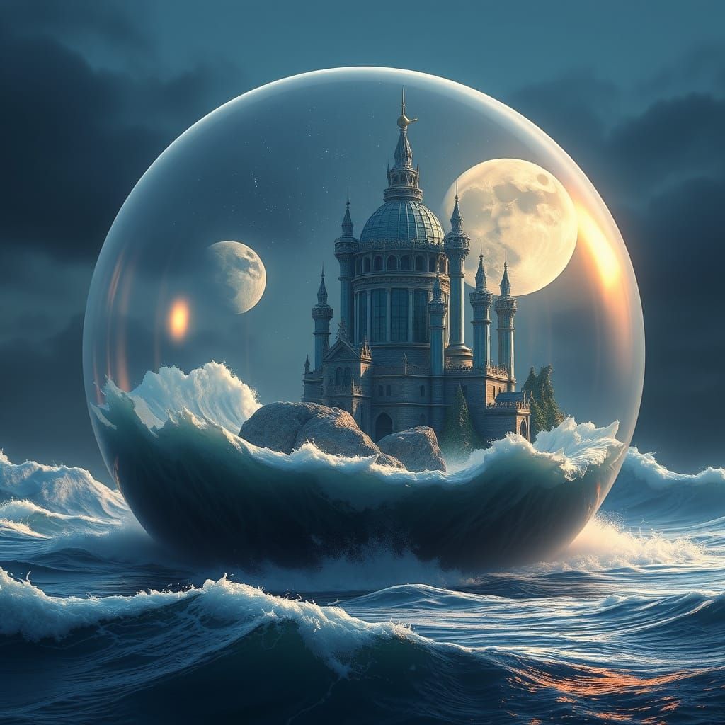 a glass castle in the middle of an ocean with large waves and rocks inside a glass sphere with the moon and stars in the...