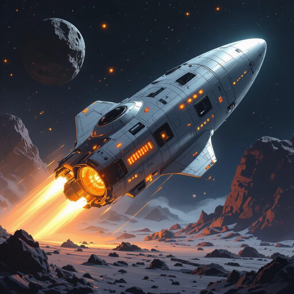 Futuristic Spaceship About to Collide with Asteroid