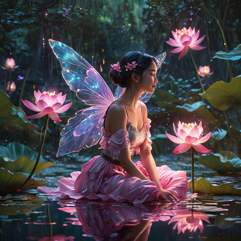 Enchanting Firefly on Lotus Flower in Ethereal Pond