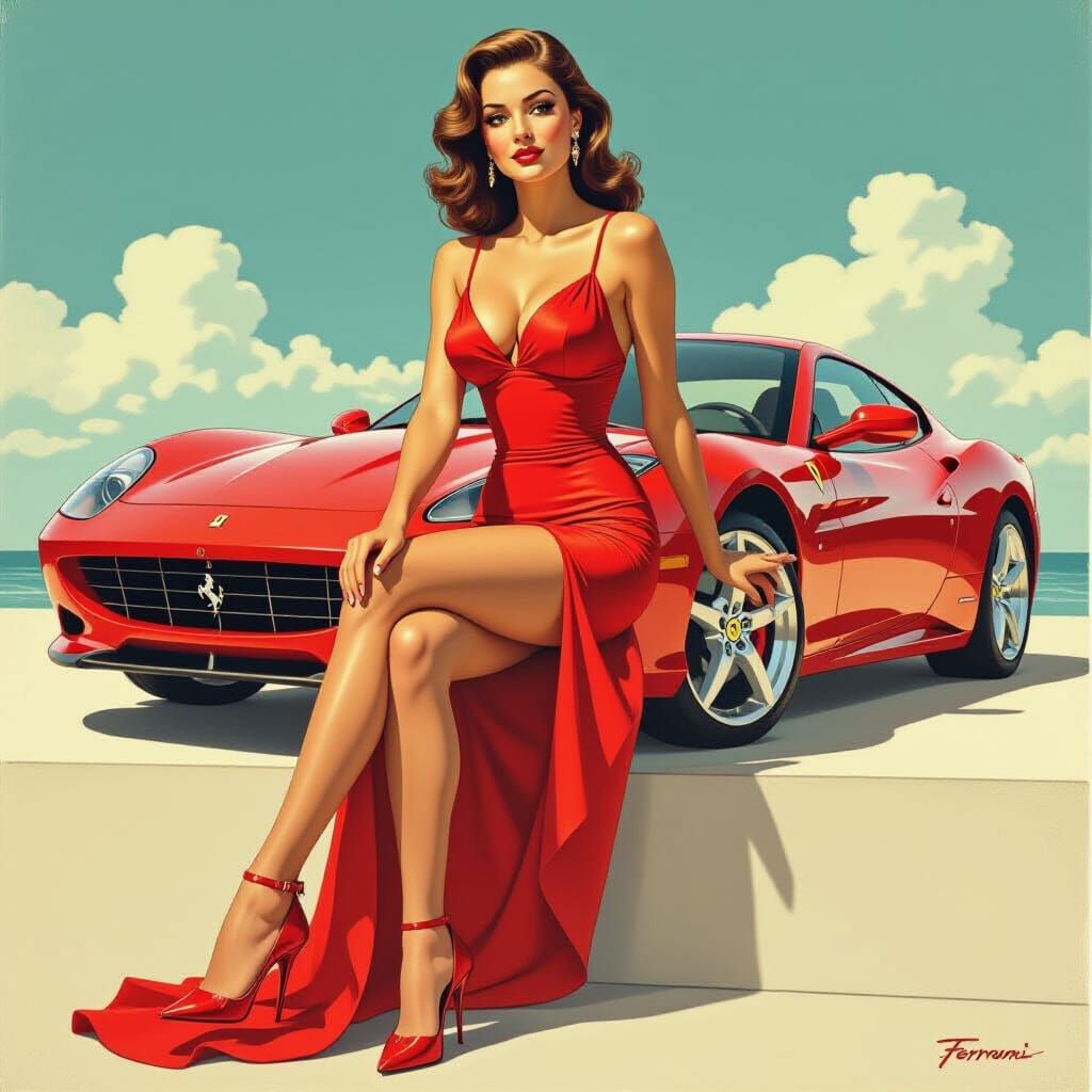 Elegant Pinup Girl Leaning on Ferrari in Pinup Style