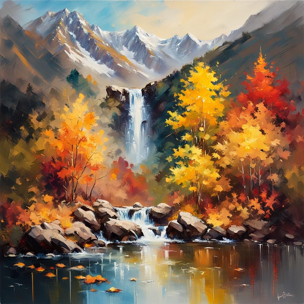 Autumn Mountainscape Waterfall Impasto Oil Painting