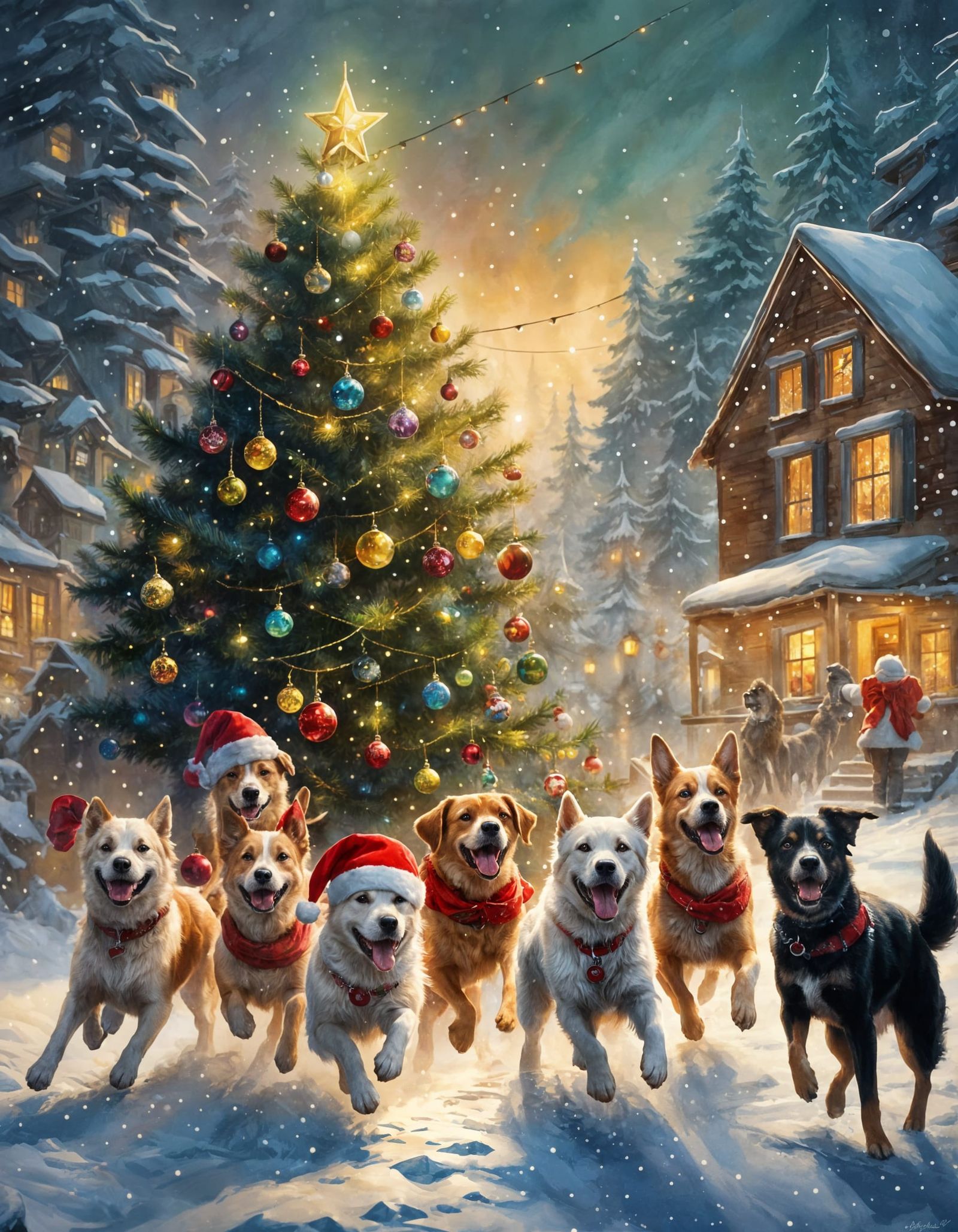 Dogs Celebrate Christmas: Watercolor Poster Art