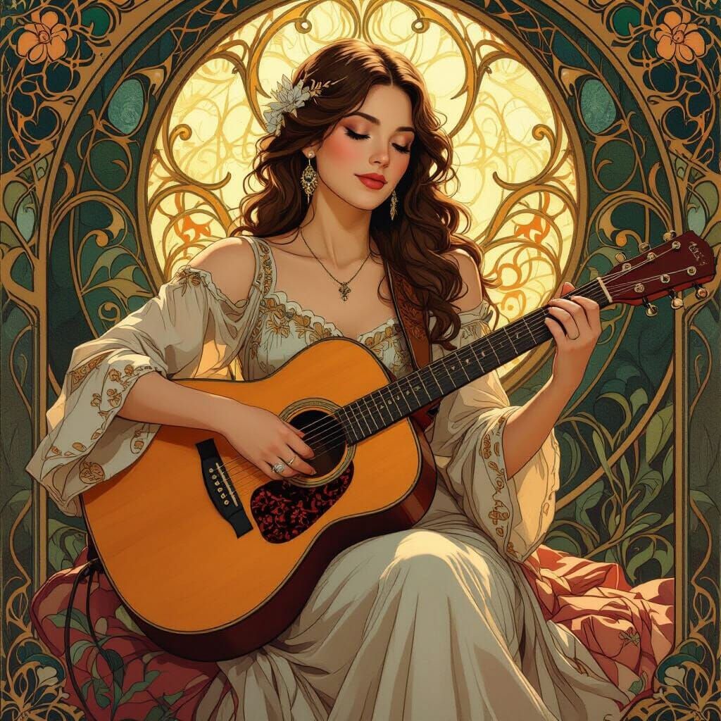 Elegant Women Play Guitar in Art Nouveau Style