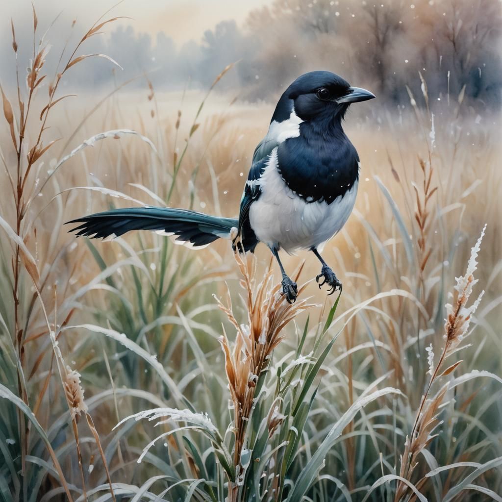 Magpie on Frozen Grass: A Watercolor Painting