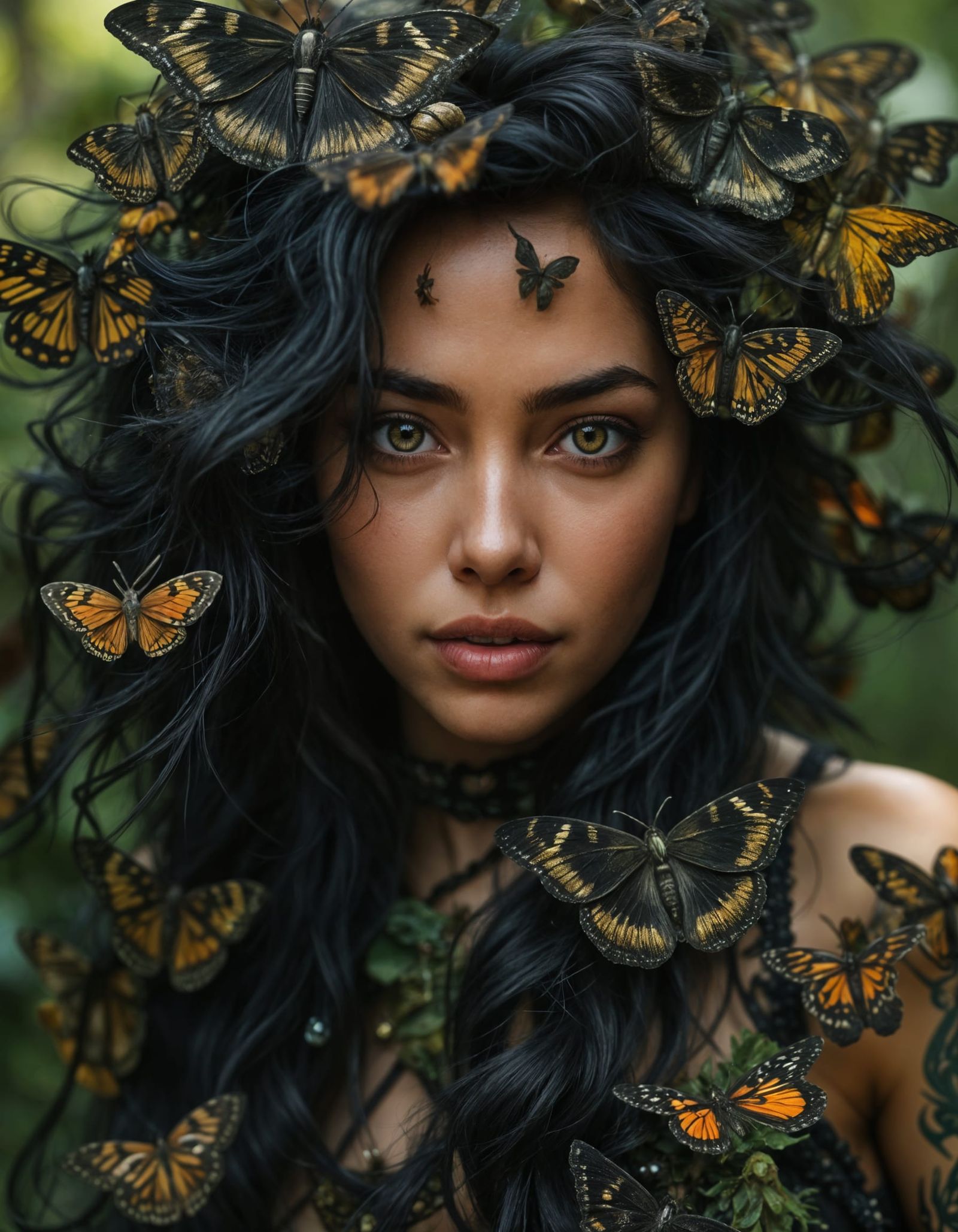 Moths Dance in a Woman's Flowing Hair in a Deep Forest