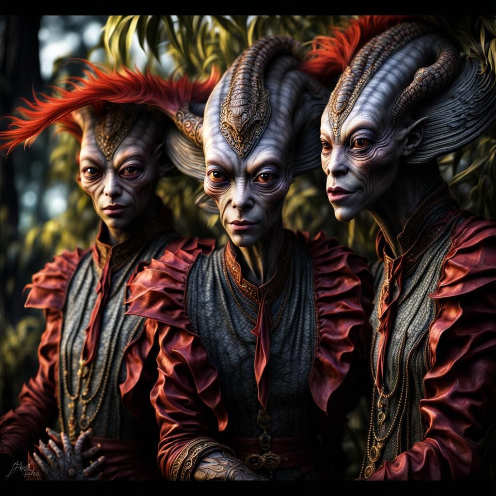 Photorealistic Aliens in Exotic Fashion, Detailed Photograph...
