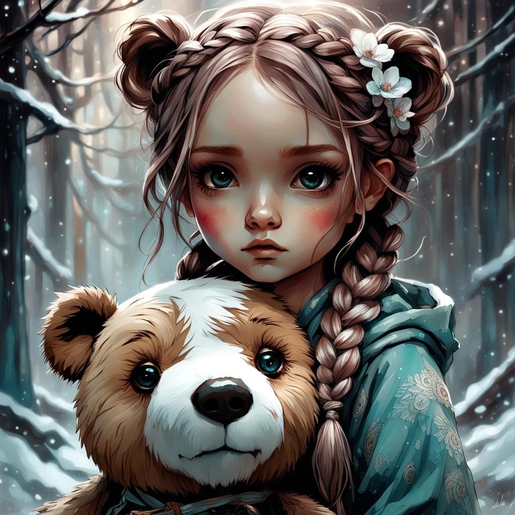 Chibified Girl with Teddy Bear in Ethereal Style