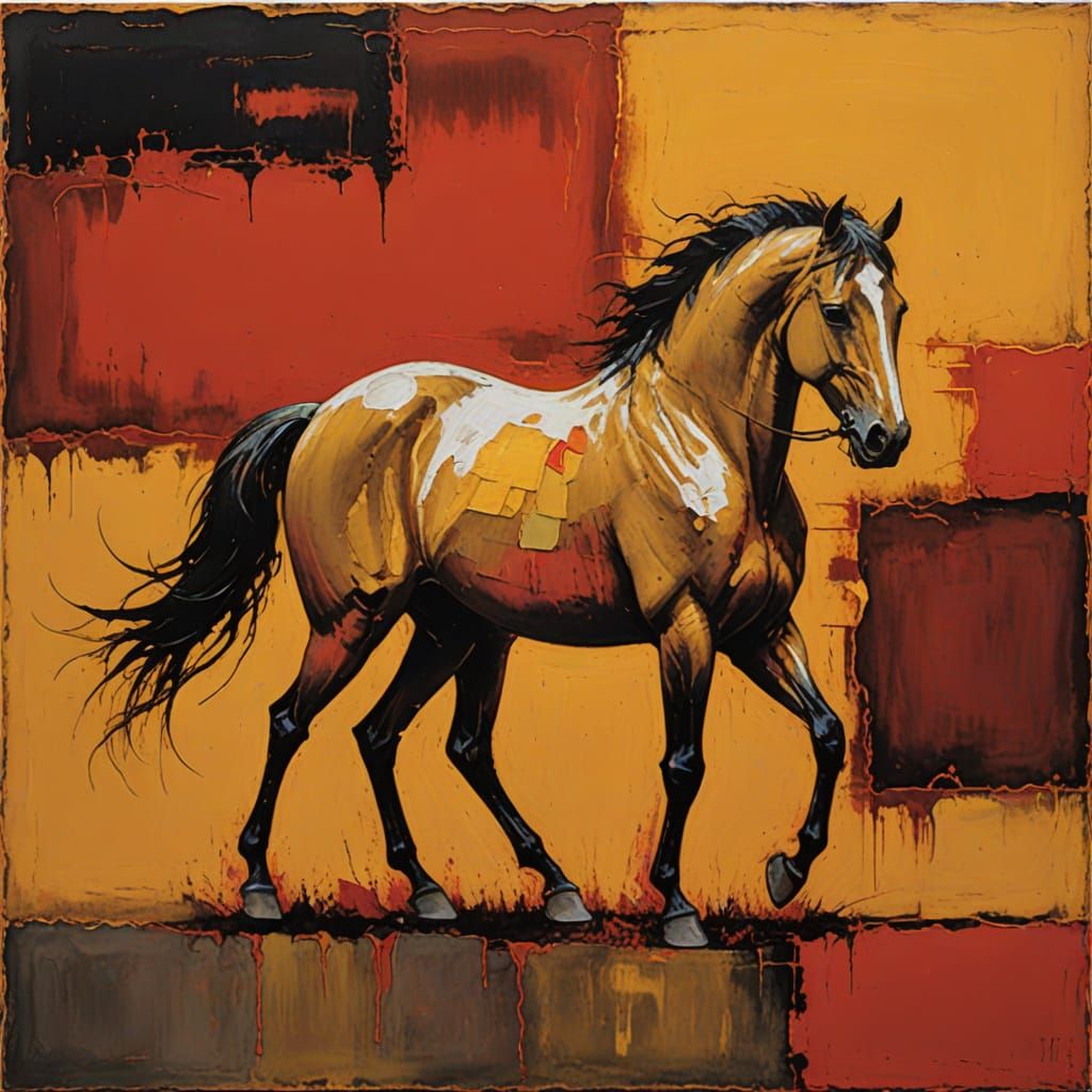 Golden and Red Horse Abstract Art in Modern Style
