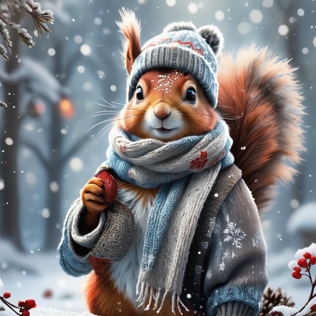 Squirrel in Winter Snowfall: Digital Matte Painting